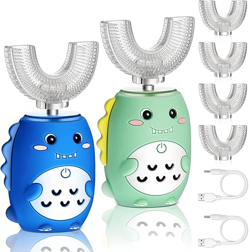 Miniatura 1 de 2 cepillos de dientes eléctricos en forma de U, cepillo de dientes ultrasónico recargable para niños pequeños con 4 cabezales de cepillo, cepillo de