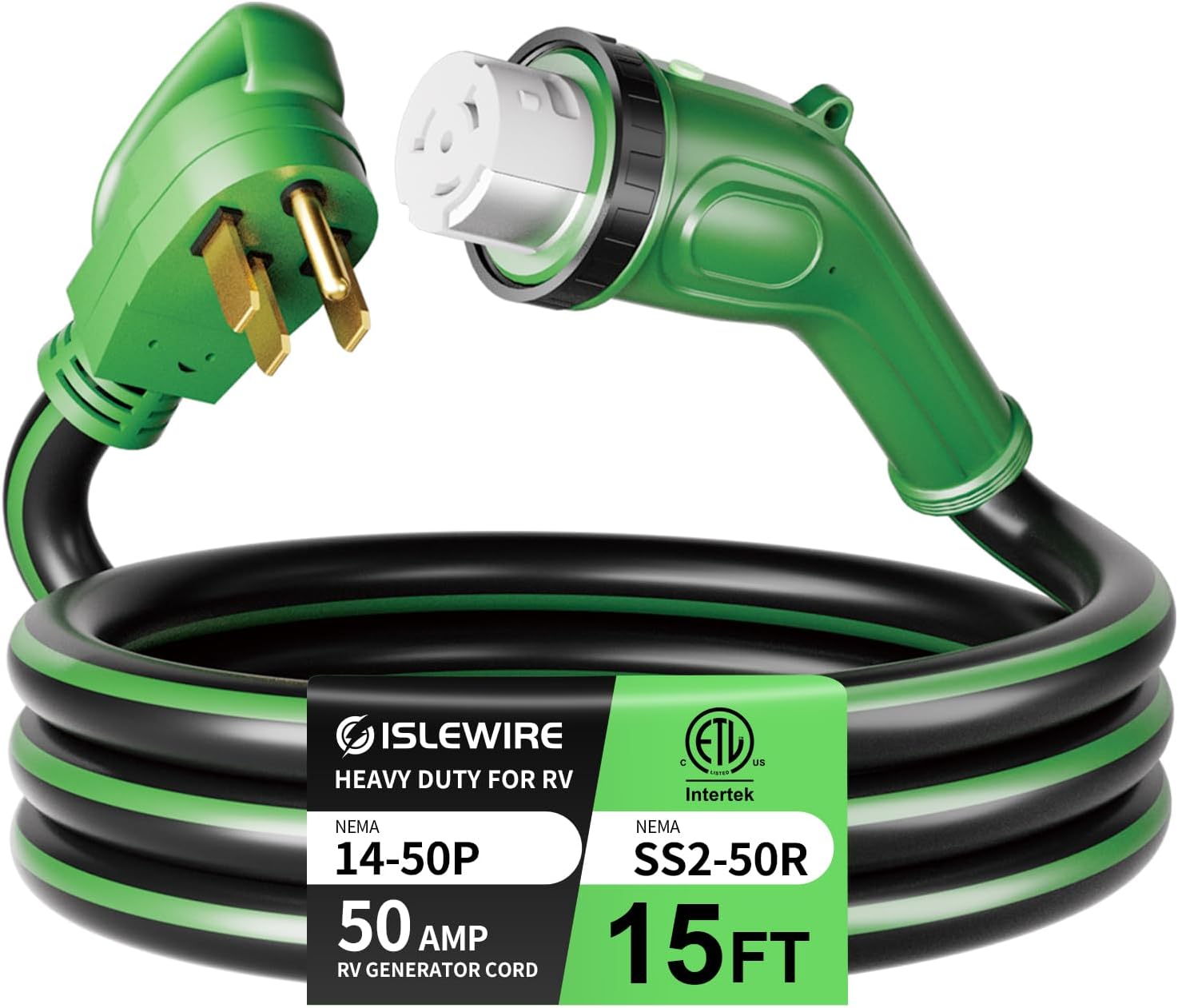 50 Amp 15 Feet RV Power Cord, Heavy Duty 6/3   8/1 Gauge STW 50A Generator Cord, NEMA 14-50P to SS2-50R LED Power Indicator Twist Lock for RV Trailer Camper and Generator to House, ETL Listed