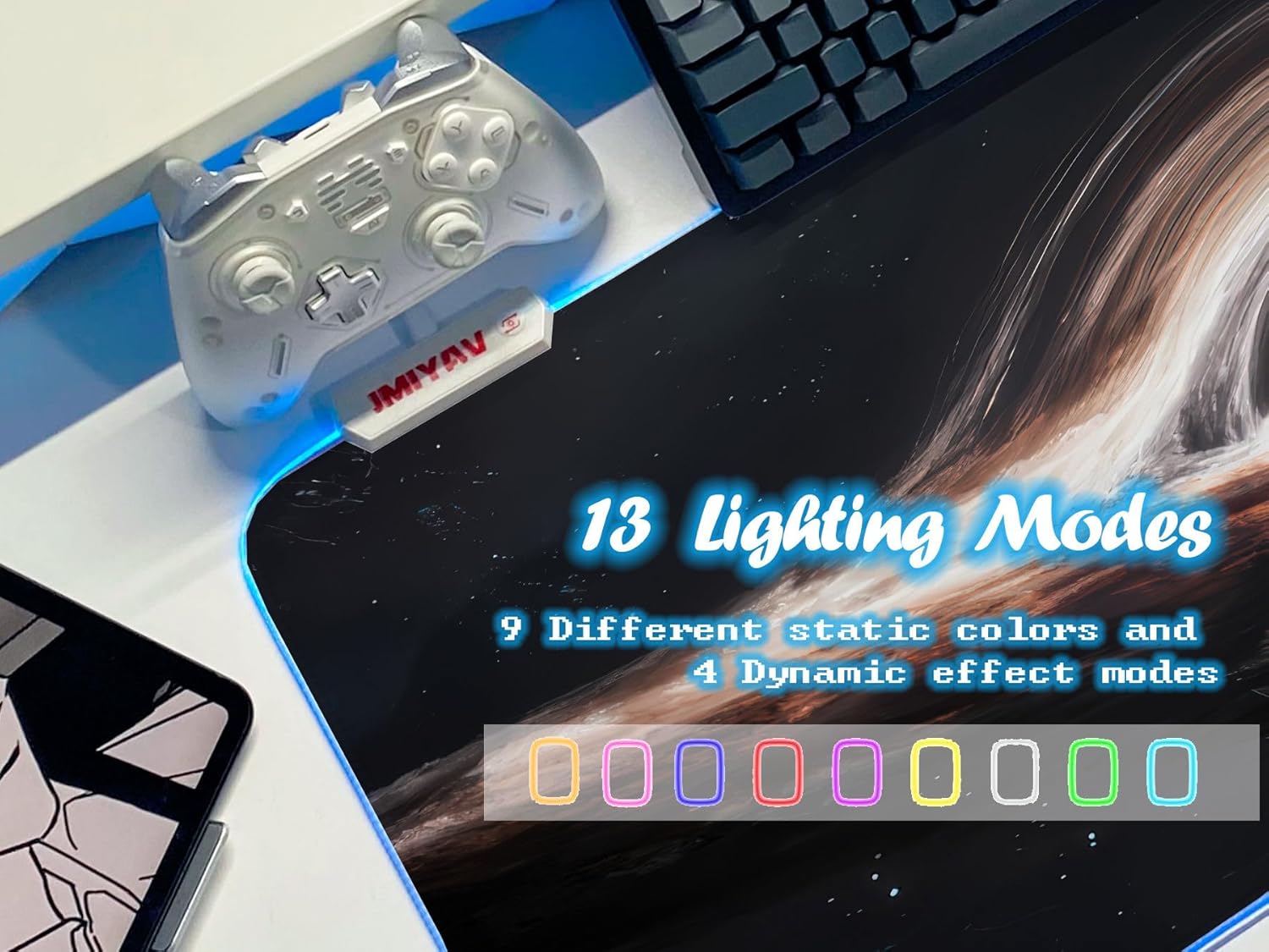 JMIYAV White RGB Gaming Mouse Pad 31.5x12 Inch PC XL Large Extended Glowing Led Light Up Desk Pad Non-Slip Rubber Base Computer Cool Mousepad Mat Desk Accessories Gaming Setup Singularity