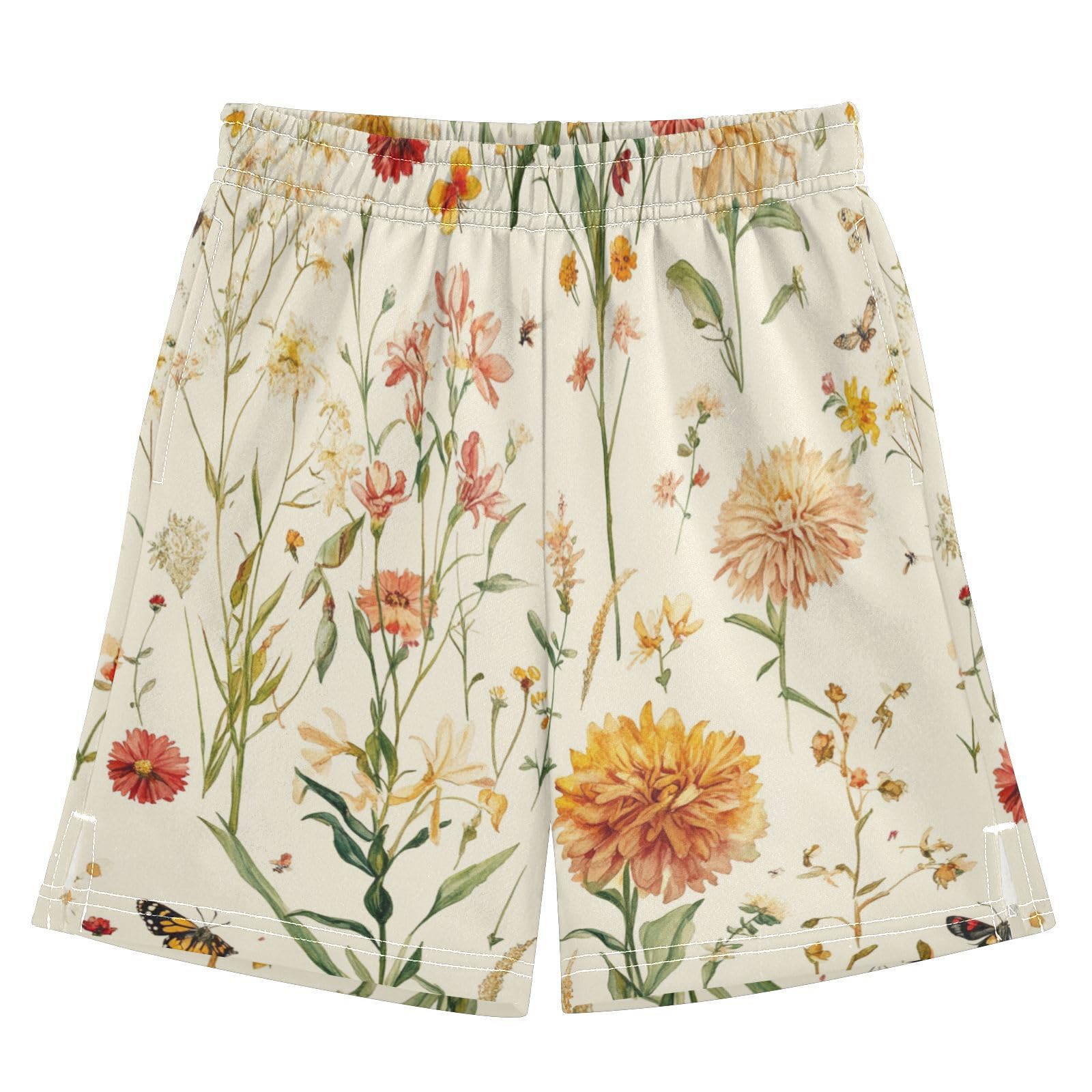Boys Shorts Athletic with Pockets Light Weight Running Short Pants XL Autumn Flowers Carnation Dahlia Butterflies Bees