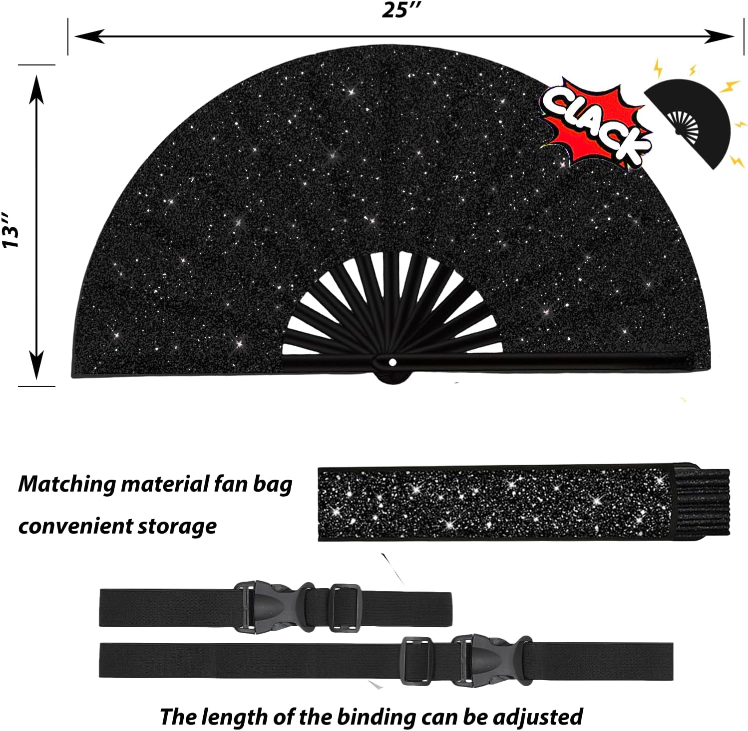 13‘’ Large Rave Fan for Men Women, Rave Essentials, Decorative Glitter Folding Hand Fan with Holster for Party, Home Decoration, Gift, Music Festival, EDM Rave Accessories (Glitter Black)