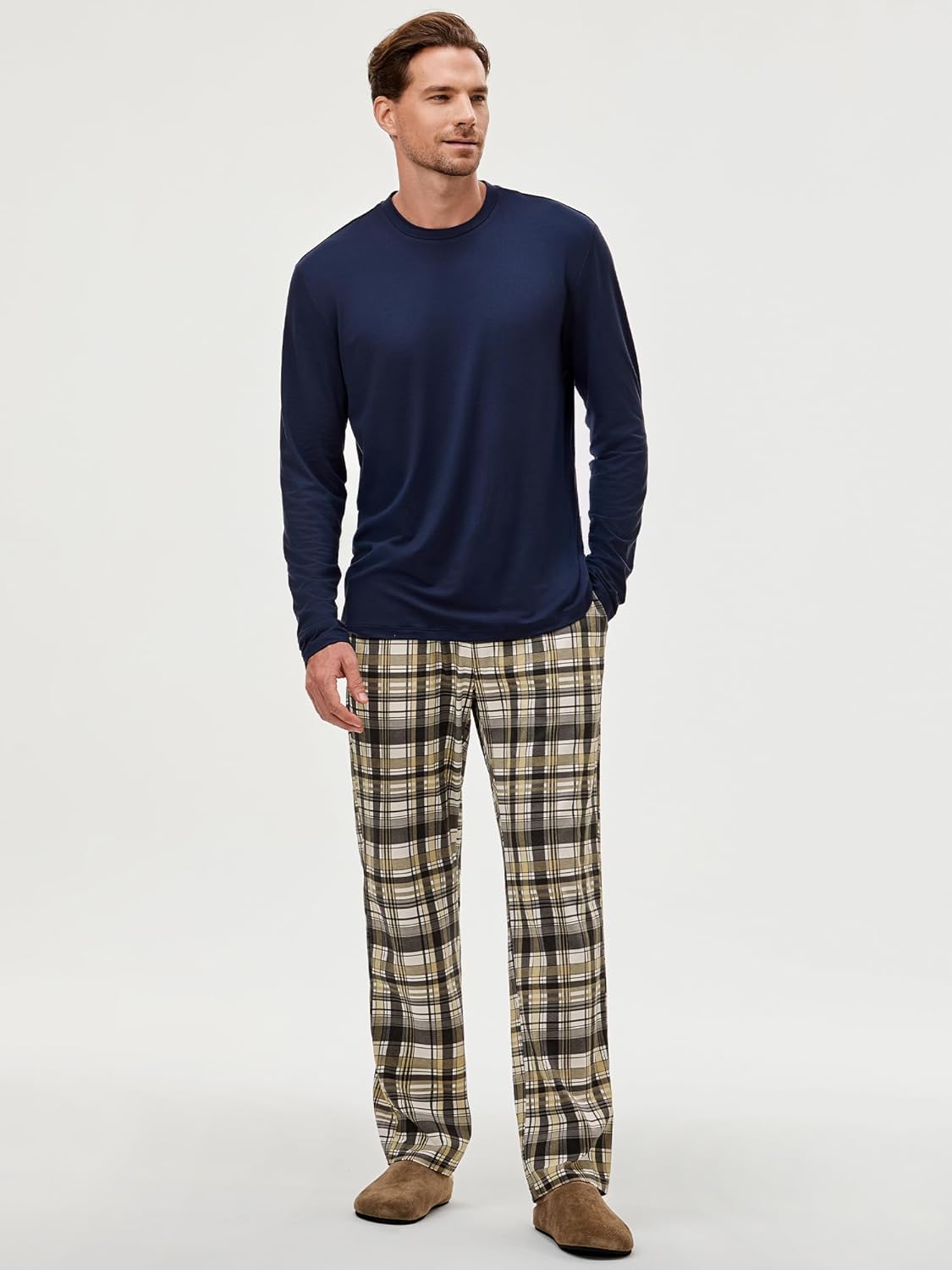 JMIERR Men's Pajamas Set 2 Piece Long Sleeve T-Shirt Loungewear Long Plaid Pants with Pocket - Image 4