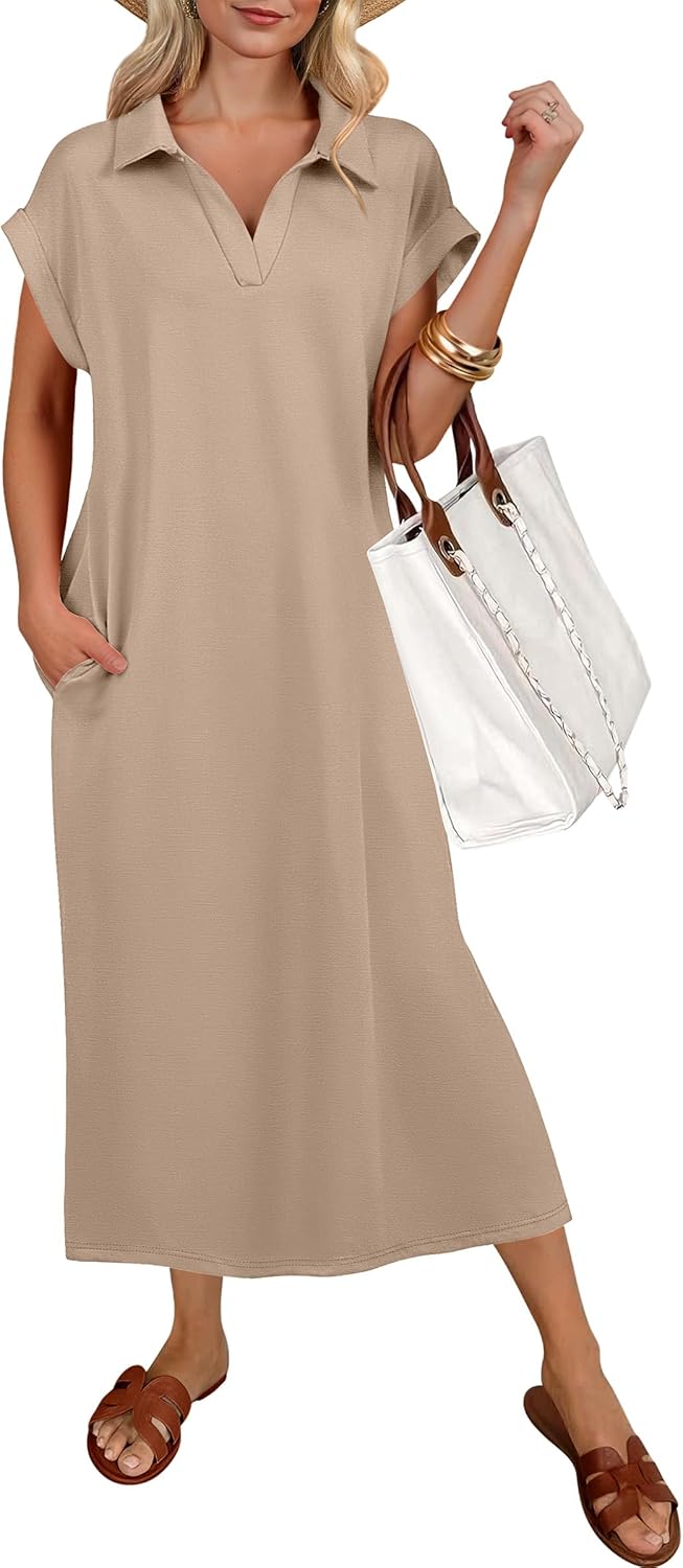 ANRABESS Womens Summer Casual Midi Dresses Short Sleeve Polo V Neck Loose Split Wrinkle-Free Beach Vacation Tshirt Maxi Dress