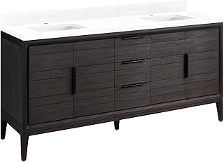Signature Hardware 955075-72-RUMB-1 Aliso 72" Freestanding Teak Double Basin Vanity Set with Cabinet, Vanity Top, and Rectangular Undermount Sinks - Single Faucet Holes - Charred Timber Black /