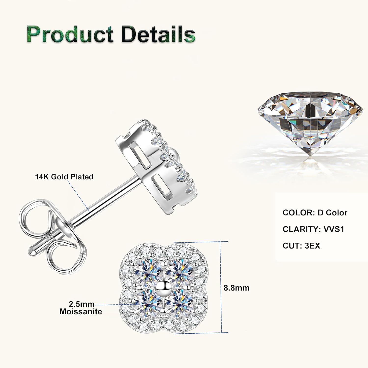 Four Leaf Moissanite Earrings, 2.5mm D Color VVS1 Moissanite 14K Gold Plated Classic Clover Earrings for Women Birthday Jewelry Gifts - Image 4