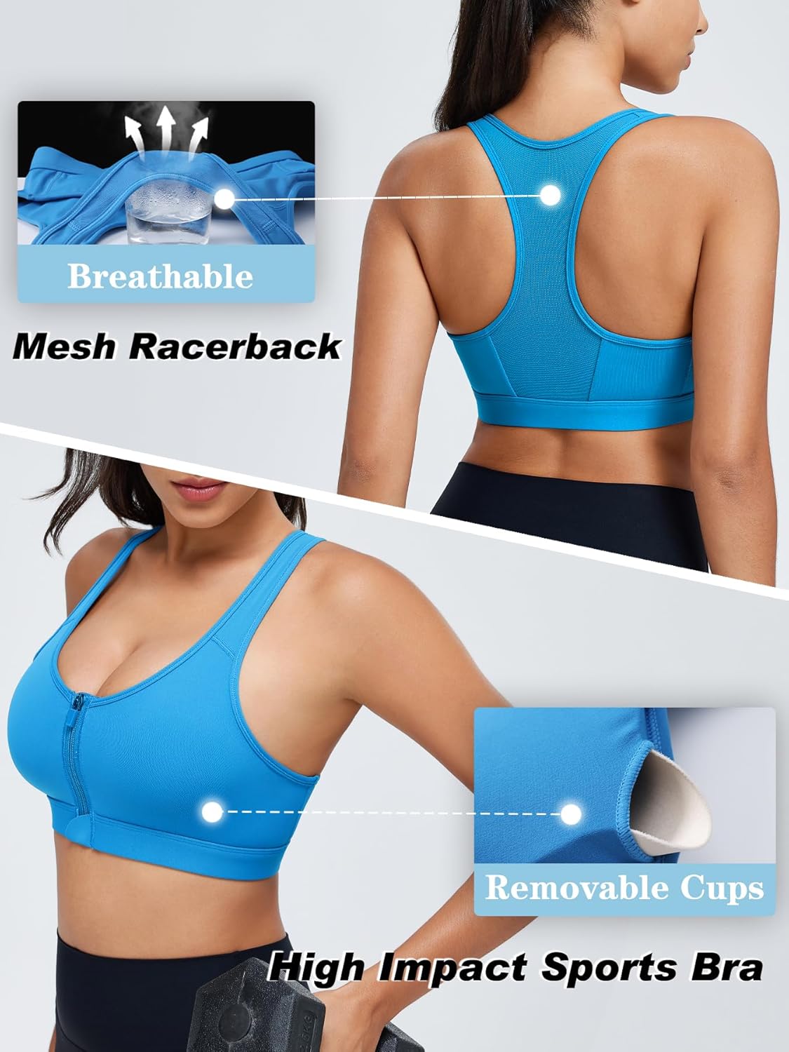 Zip Front Closure High Impact Sports Bra for Women Post Surgery Racerback Sports Bra High Support Workout Running Bras - Image 5