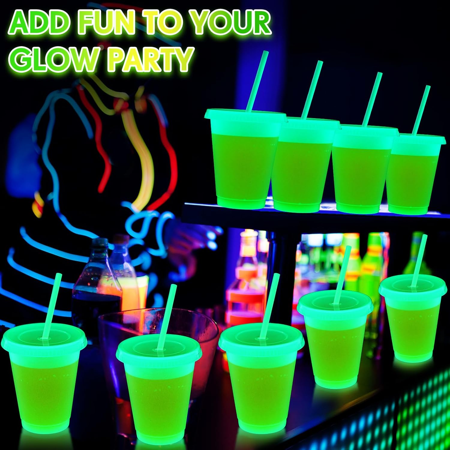 Honeydak 15 Pack 16 oz Glow in The Dark Cups Gift Bulk Light up Neon Plastic Tumbler with Straw and Lid Glow in The Dark Party Supplies Water Bottle Iced Coffee Mug Reusable (Fluorescent Green) - Image 3
