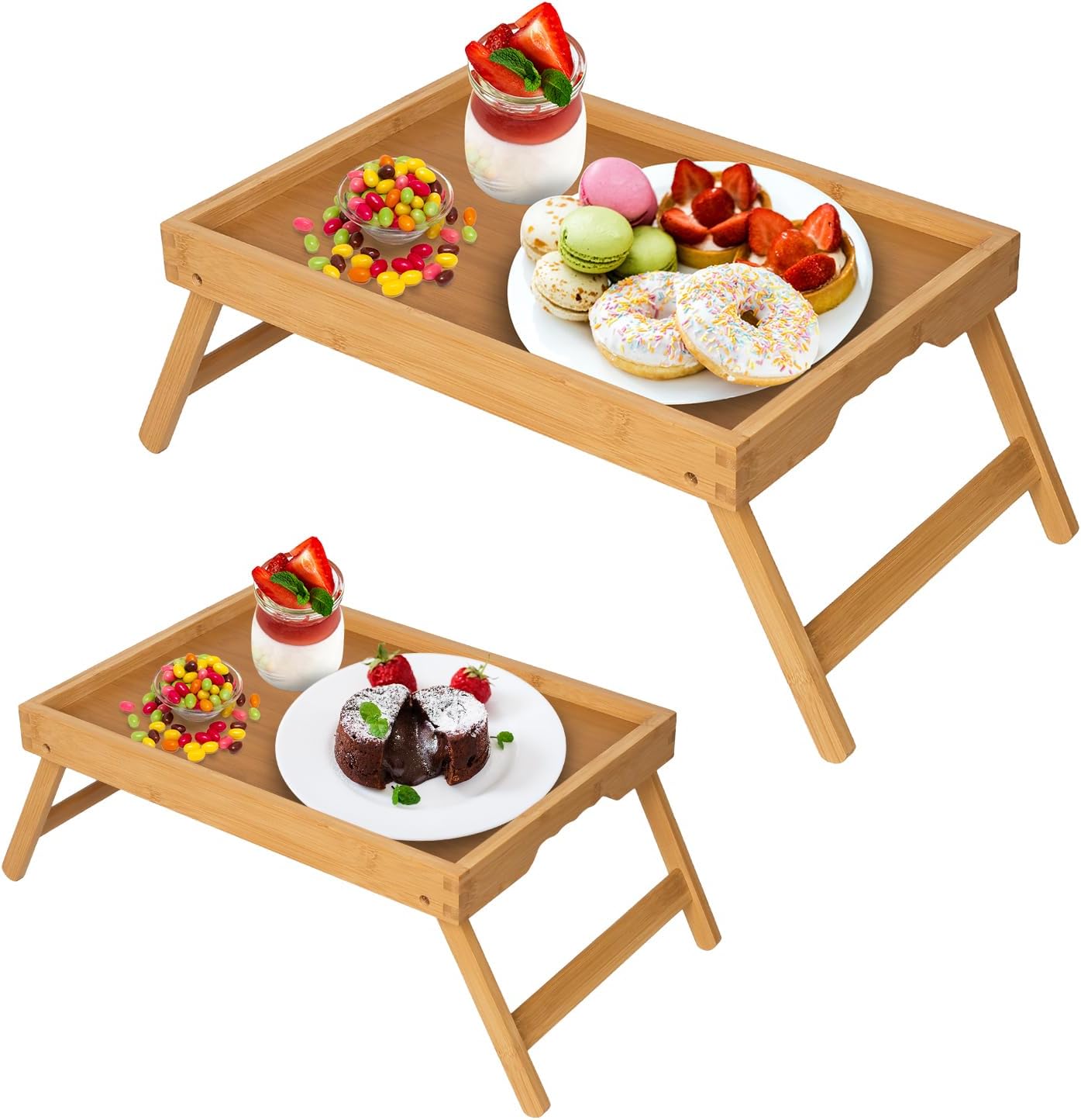 Artmeer Bed Tray Table with Folding Legs, Bamboo Breakfast in Bed for TV Table Snack Tray(Bamboo Medium Size + Extra-Large Size)