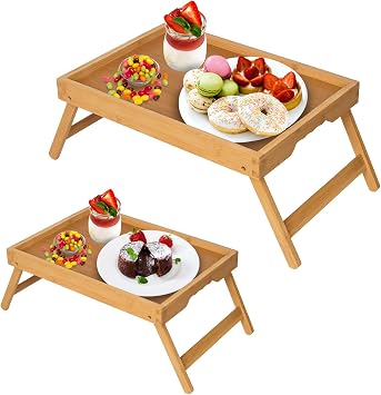 Artmeer Bed Tray Table with Folding Legs, Bamboo Breakfast in Bed for TV Table Snack TrayBamboo Medium Size + Extra-Large Size