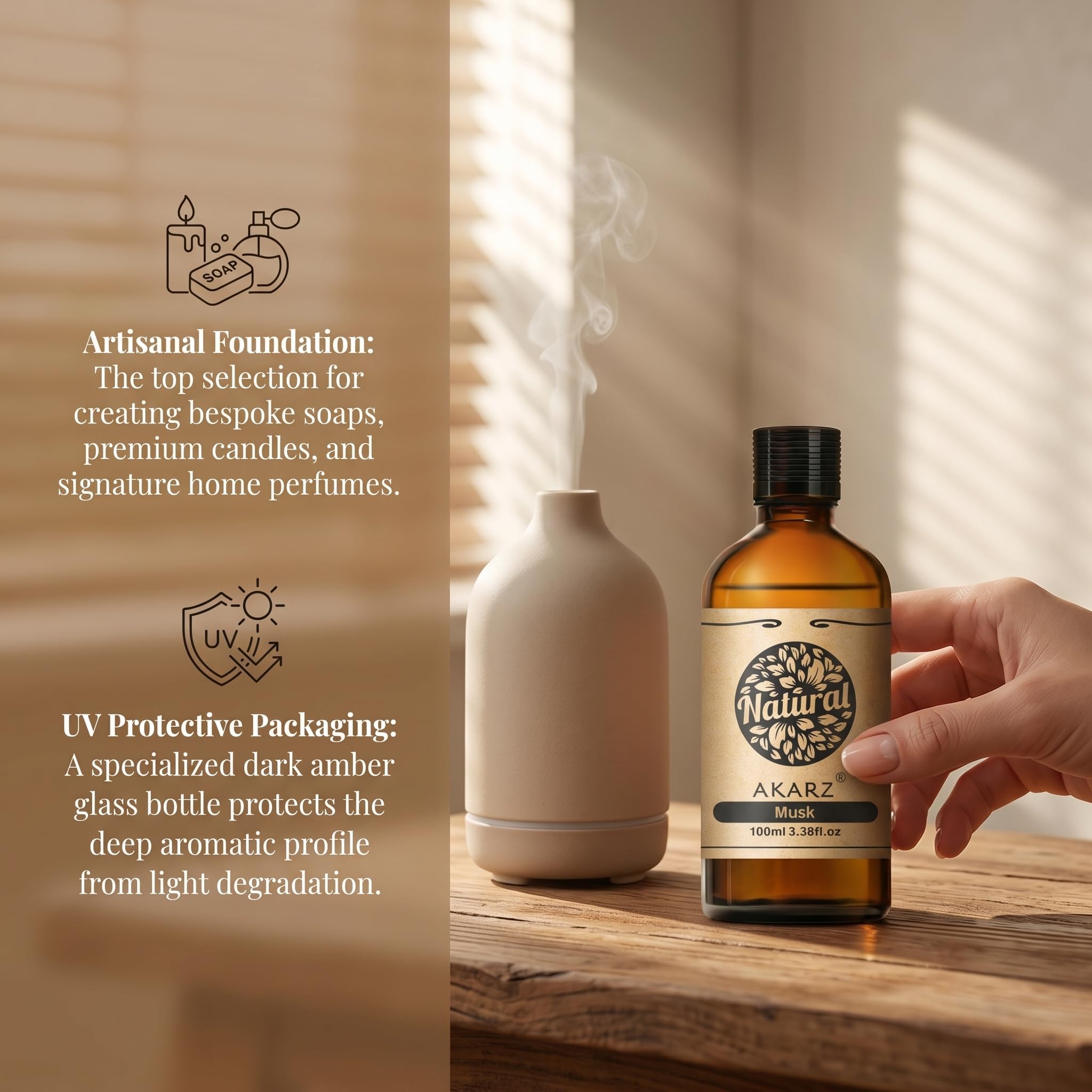 AKARZ 100ml Olejek esencjny z Muskusa - Naturalny olejek aromatyczny do dyfuzorów, lamp aromatycznych i aromatów pomieszczeń
