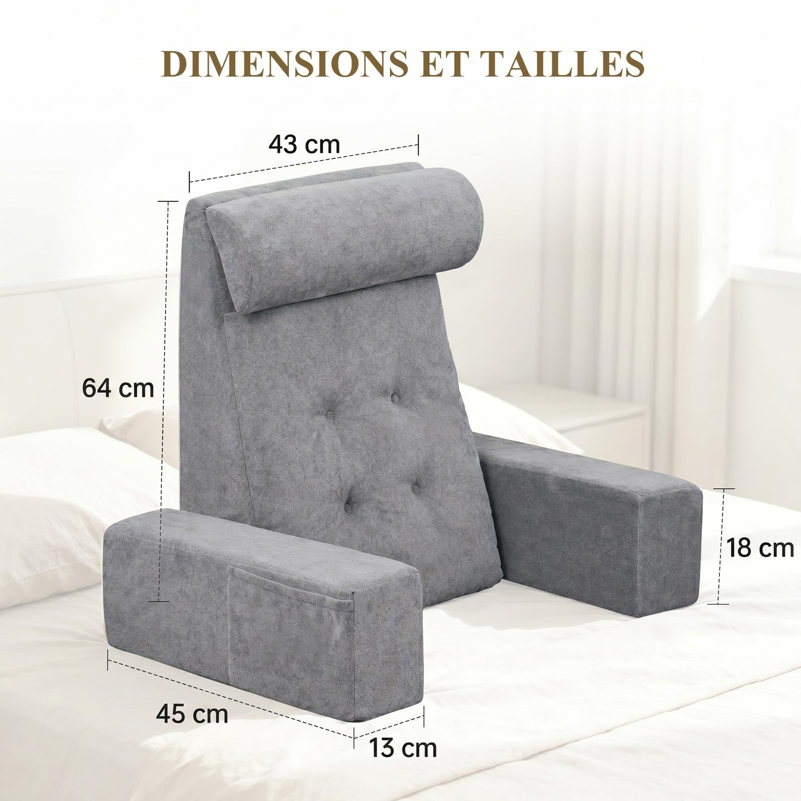 Lesekissen für das Sitzen im Bett – Rückenstützkissen für Erwachsene zum Zurücklehnen, Gamen, Ausruhen und Fernsehen auf dem Sofa oder auf dem Boden – Keilkissen mit Armlehnen, dunkelgrau
