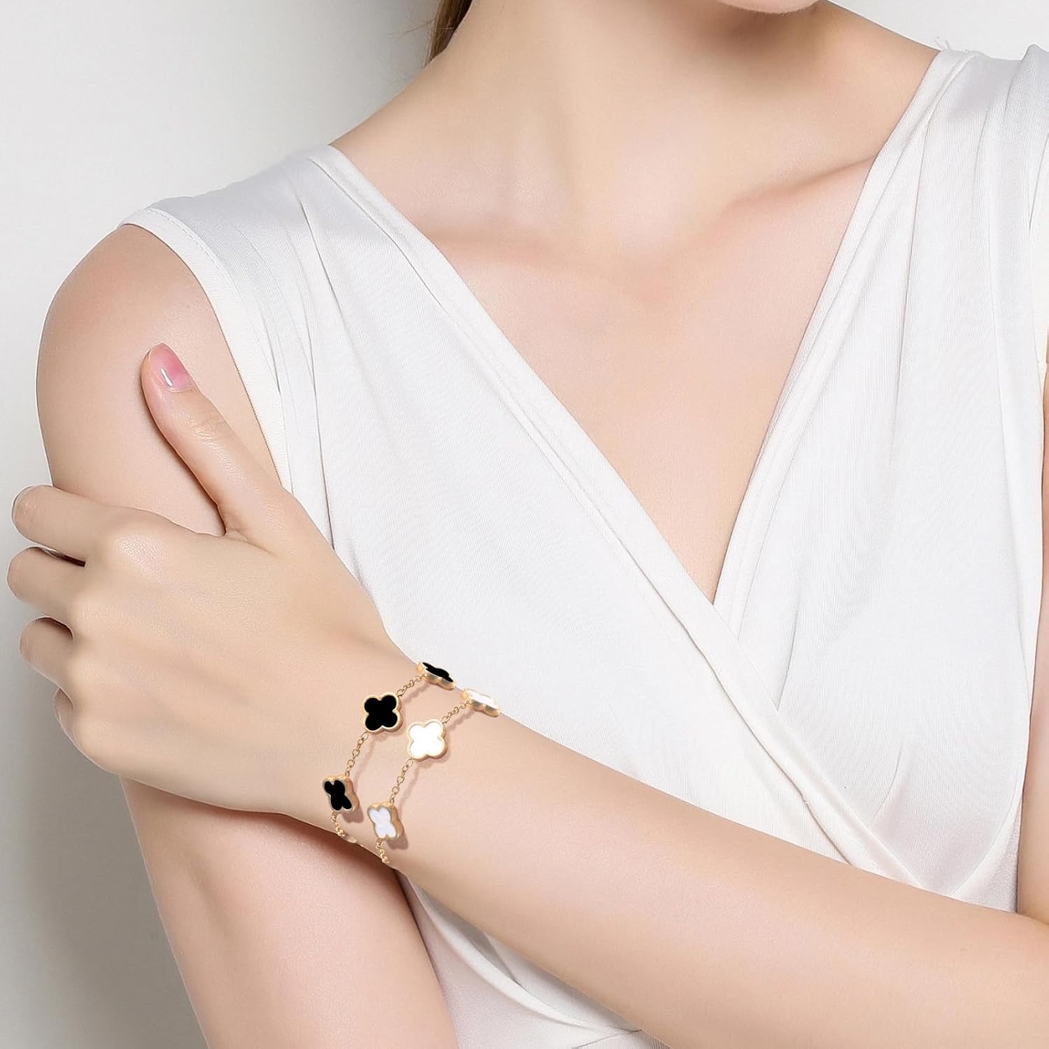 18K Gold Plated Clover Bracelet for Women Lucky Four Leaf Flower Dupe Bracelet Set Trendy Jewelry Birthday Gifts for Women/MoM/Friends/Sister/Besties - Image 6