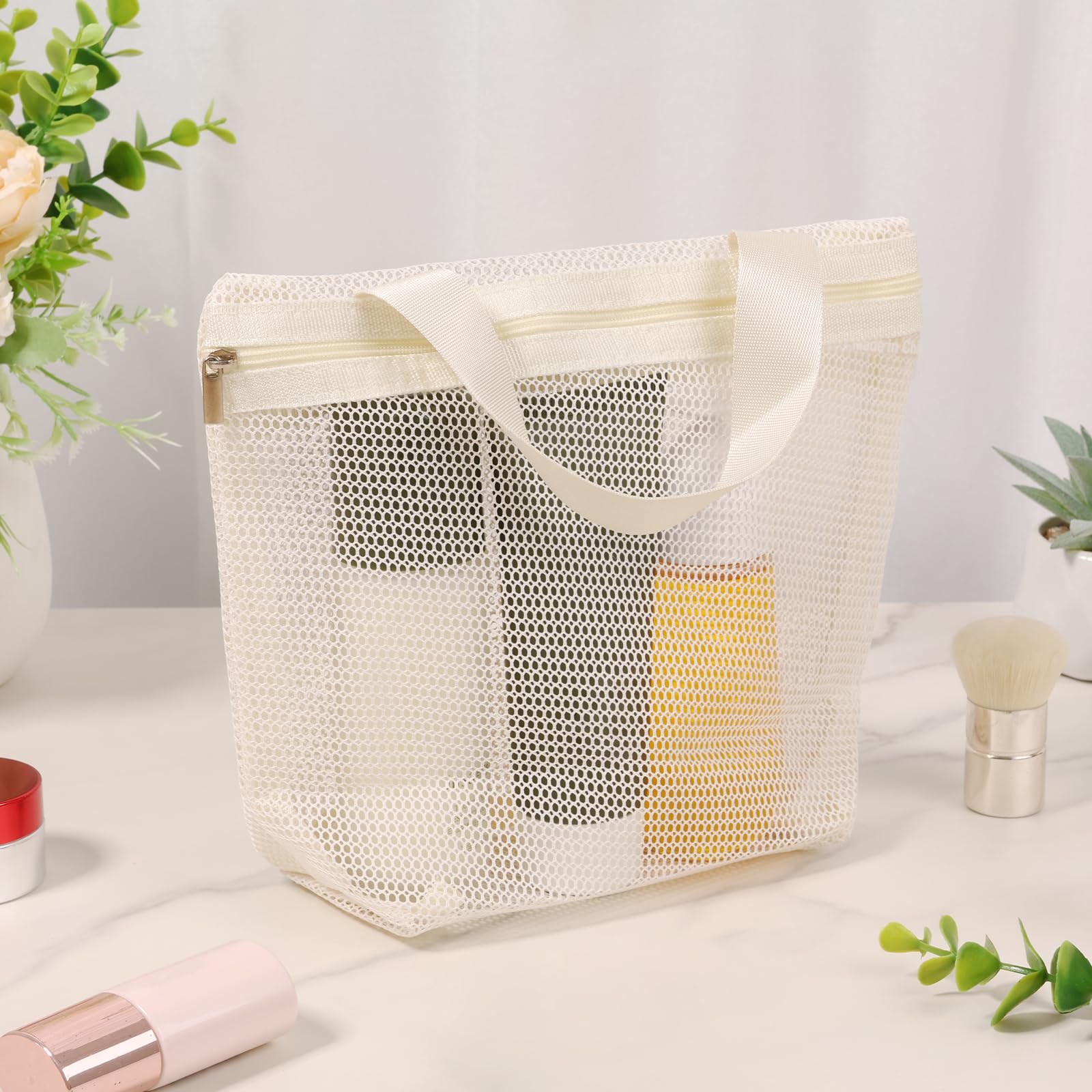 NZWBSHSSP Mesh Shower Caddy Bag Portable Hanging Toiletry and Bath Organizer with Zipper for Travel, Gym, Camping, College Dorms, Beach(Beige)