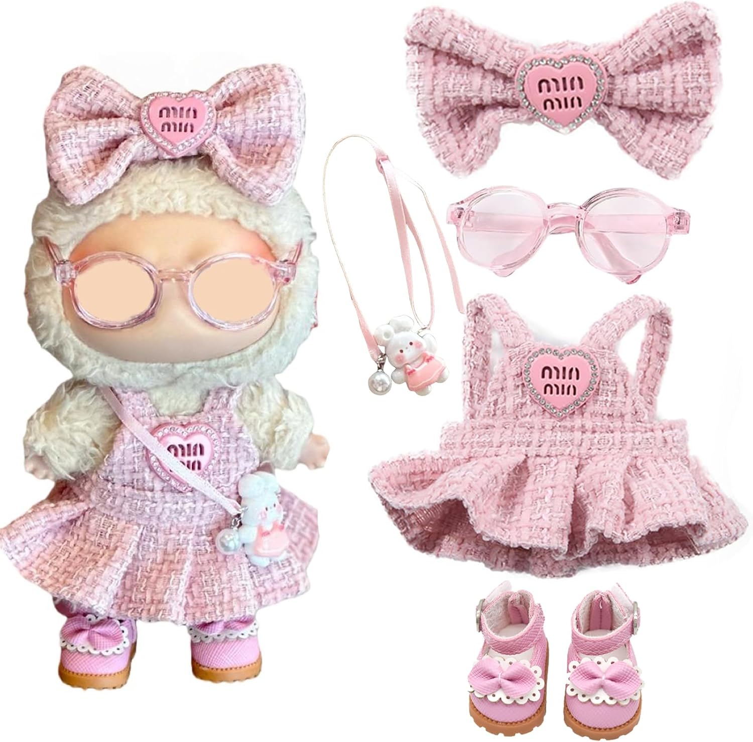 6.7in/17cm Doll Clothes Set(NO Doll), 5 Pcs Outfit Set Includes Premium Fashion Dresses & Bow Hairpin & Glasses & Cute Rabbit Charm & Shoes, Luxury Chic Doll Clothing Accessories (Pink-5PCS)