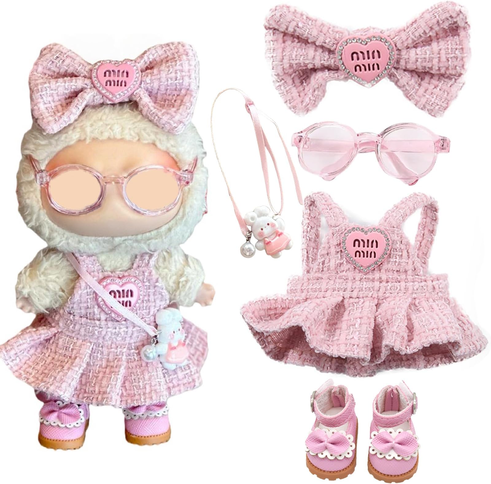 - 6.7in/17cm Doll Clothes Set(NO Doll), 5 Pcs Outfit Set Includes Premium Fashion Dresses & Bow Hairpin & Glasses & Cute Rabbit Charm & Shoes, Luxury Chic Doll Clothing Accessories (Pink-5PCS)