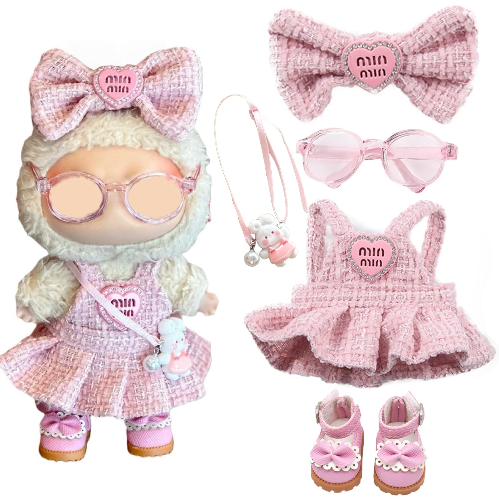 6.7in/17cm Doll Clothes Set(NO Doll), 5 Pcs Outfit Set Includes Premium Fashion Dresses & Bow Hairpin & Glasses & Cute Rabbit Charm & Shoes, Luxury Chic Doll Clothing Accessories (Pink-5PCS)