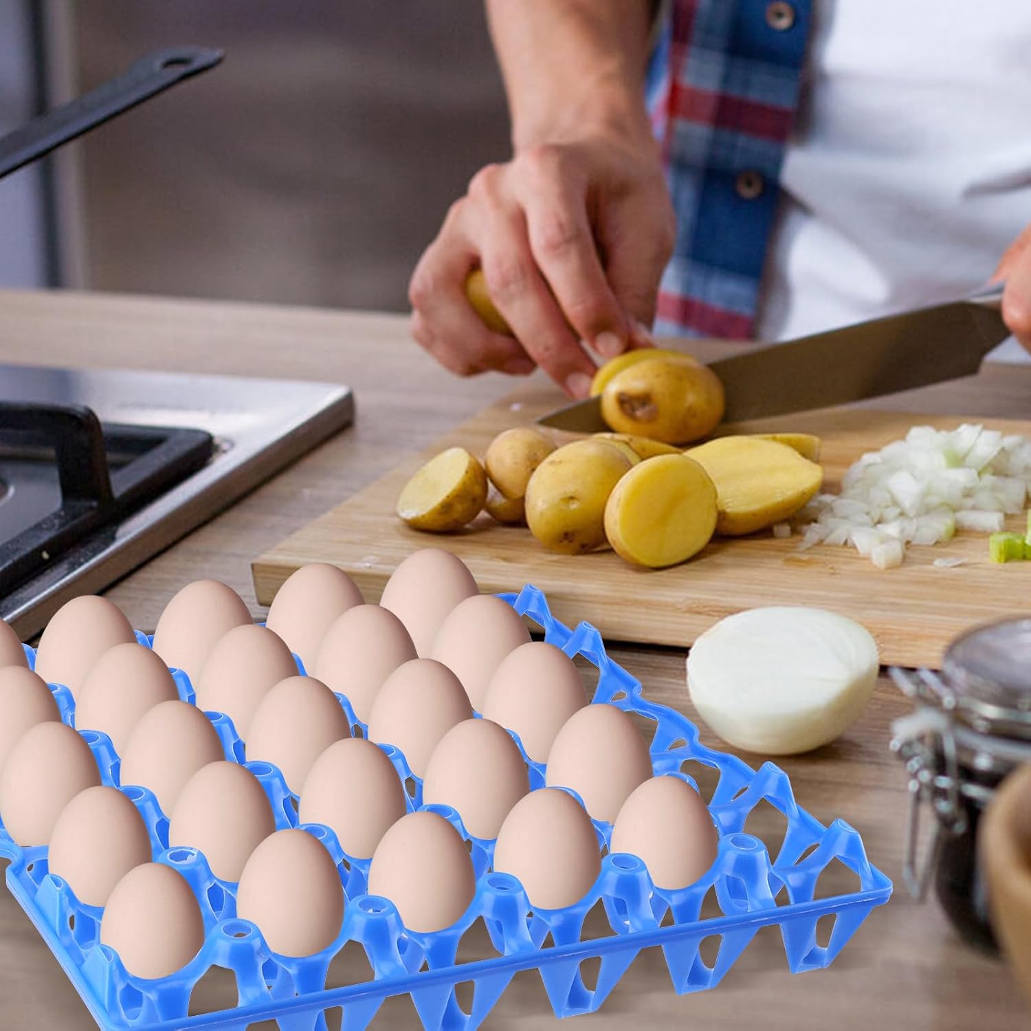 10 Pack Plastic Egg Trays, 11.8 Inch Plastic Egg Flats, Blue Stackable Egg Cartons, Each Holds 30 Eggs, for Home Chicken Farmers Storing, Sorting, Shipping 2 Inch High