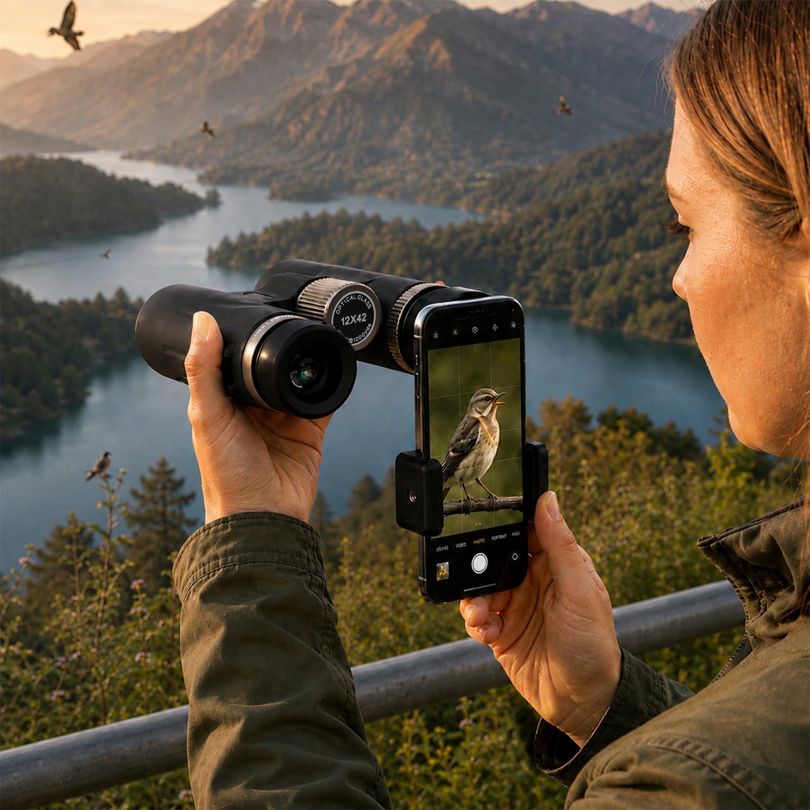 Binocolo 12 x 42 HD, binocolo compatto, Big View, BAK4 HD Prisma + obiettivo FMC, per adulti, per birdwatching, escursionismo, caccia, visite turistiche (nero)