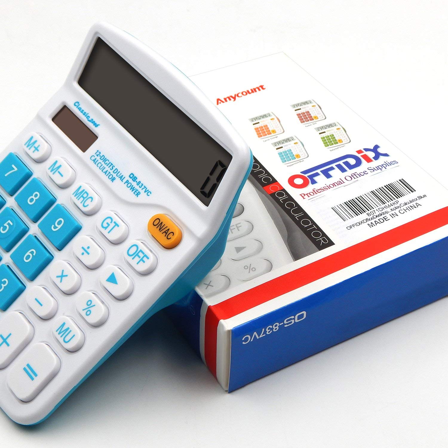 OFFIDIX Calculatrice Bureau Solaire et Batterie 12 Chiffres Grand écran LCD Bleu