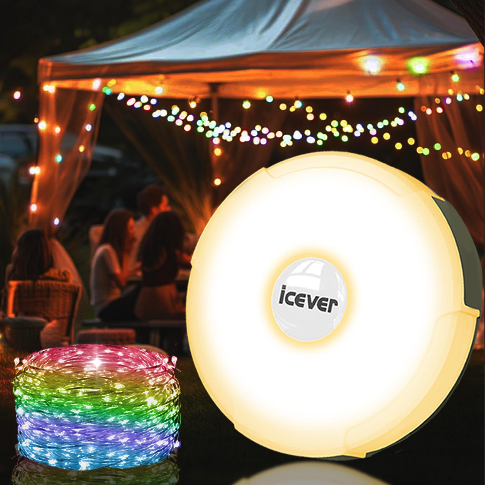 icever Camping String Lights, Rechargeable Waterproof Hanging Lamp Portable LED Light for Outdoor Camping Awning Tent Garden Party Yard Festival Decor (16.4FT 5 Lighting Modes)