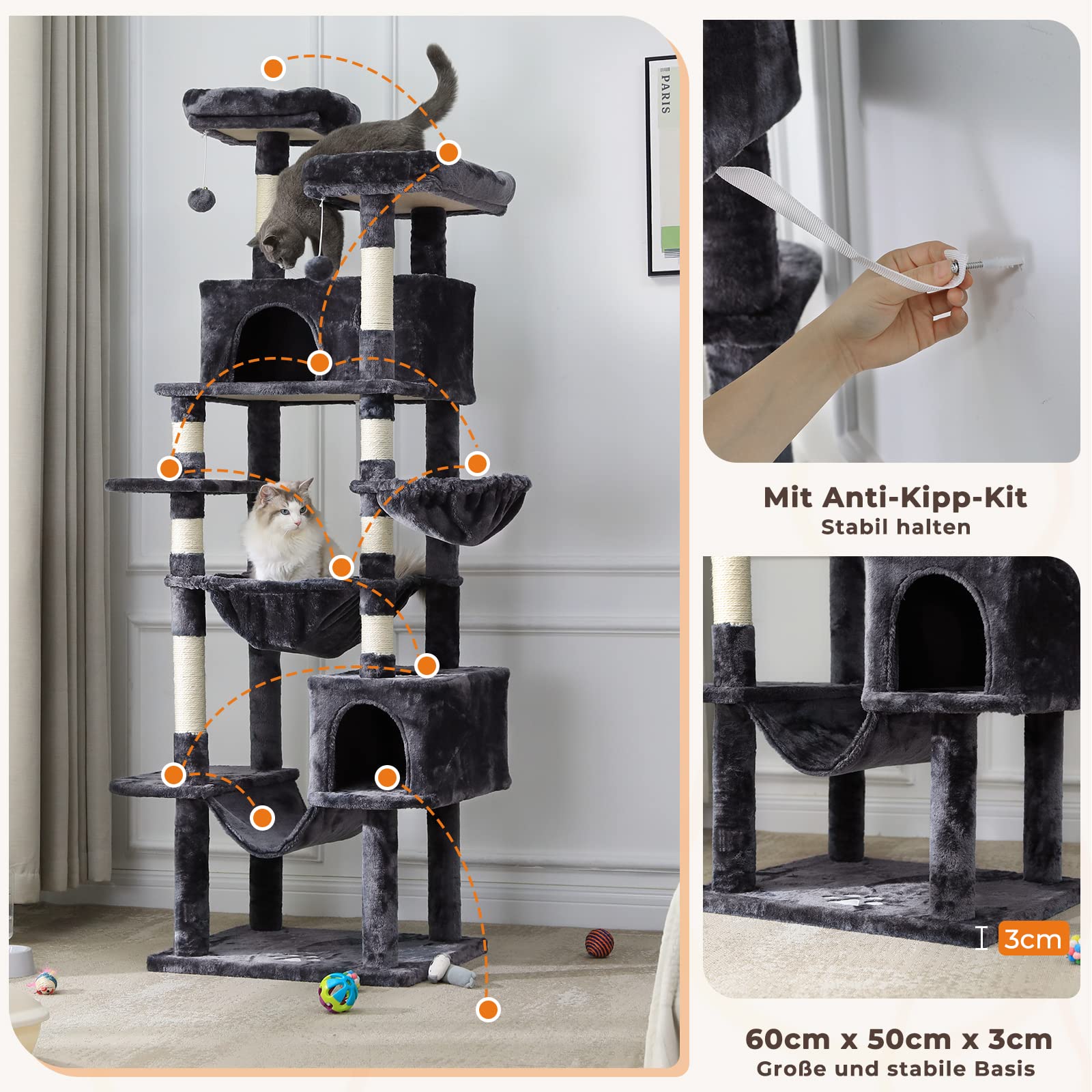 MSmask Rascador grande de 193 cm de alto, XXL, para gatos grandes, estable, con 2 cuevas, 2 plataformas, hamaca, árbol para gatos con varios niveles, rascador para gatos