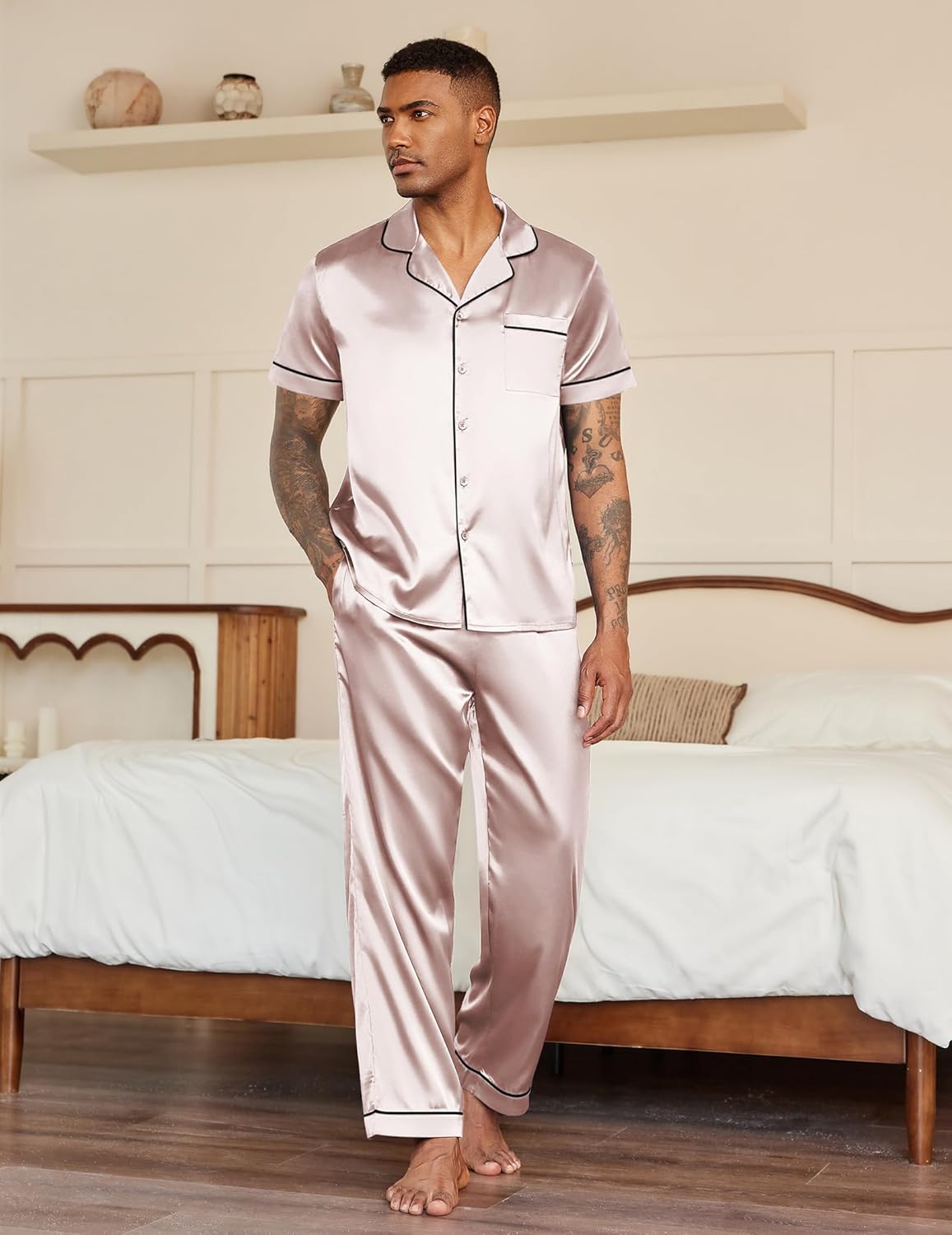 Ekouaer Mens Satin Pajama Set Short Sleeve Button Down Sleepwear Classic Loungewear Set with Long Pants - Image 3