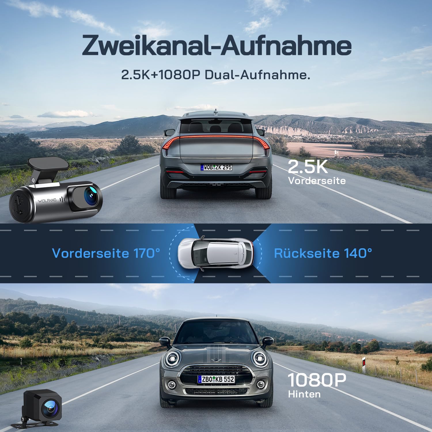 WOLFANG Dashcam 4K+1080P Wi-Fi Dual Auto Kamera Ultra-Nachtsicht 70° Weitwinkel WDR 24 Std. Parkmodus G-Sensor Loop-Aufnahme