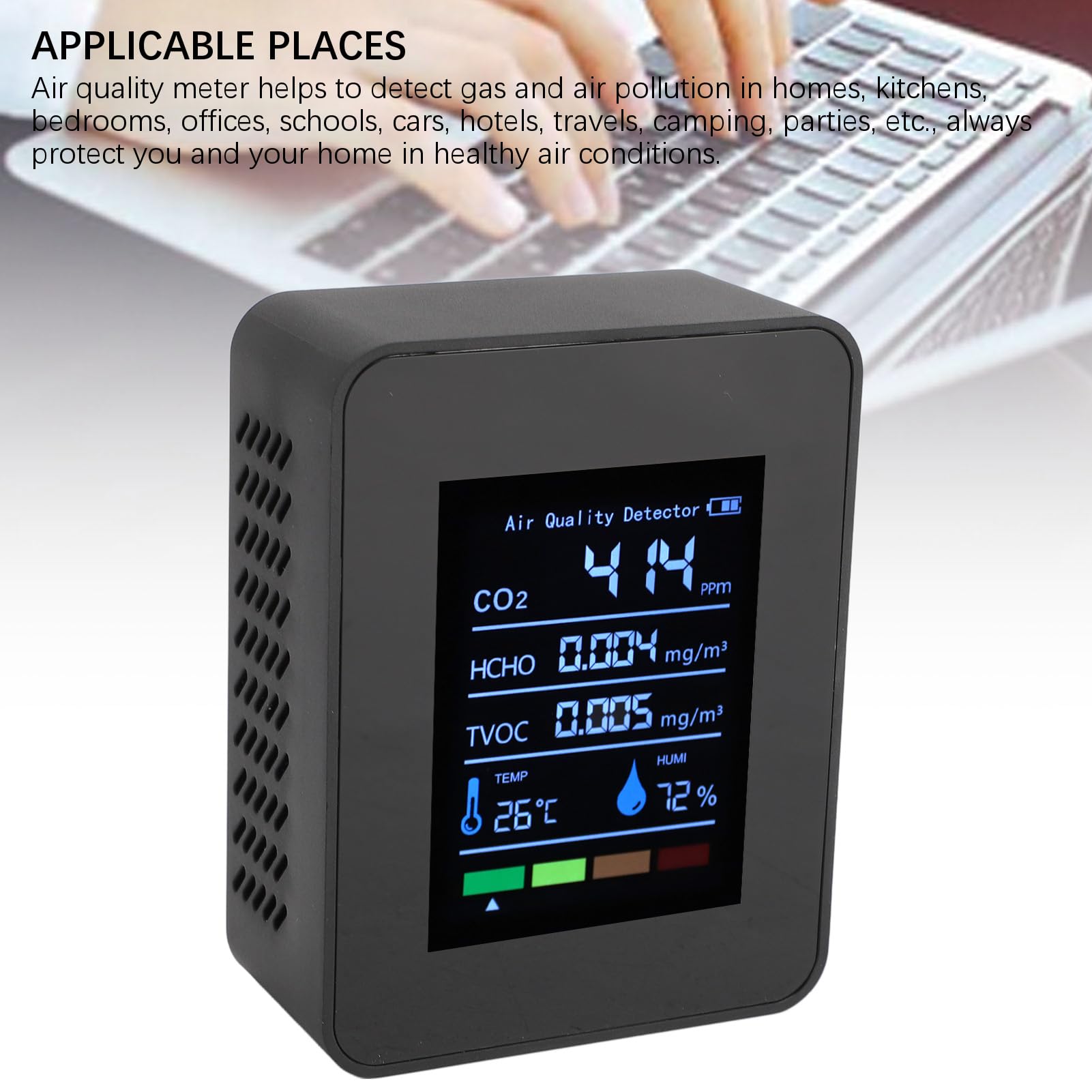 Monitor Jakości Powietrza 5 w 1, Miernik Testowy CO2/HCHO/TVOC/temperatury/wilgotności, Inteligentny Detektor Jakości Powietrza z Wyświetlaczem i baterią 1200 MAh, do Domu, Biura