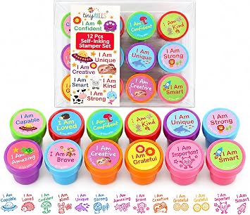 TINYMILLS 12 Pcs Positive Affirmation Stamp Kit for Kids - Positive Mindfulness Self Inking Stamps Gift Party Favors