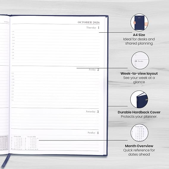 2026 2027 Academic Diary A4 Week to View - Mid Year Hardback Planner from August 2026 to July 2027 - Large Weekly Organiser for Student Teacher School (Navy)