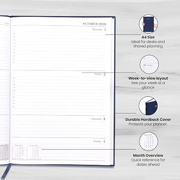 2026 2027 Academic Diary A4 Week to View - Mid Year Hardback Planner from August 2026 to July 2027 - Large Weekly Organiser for Student Teacher School (Navy)