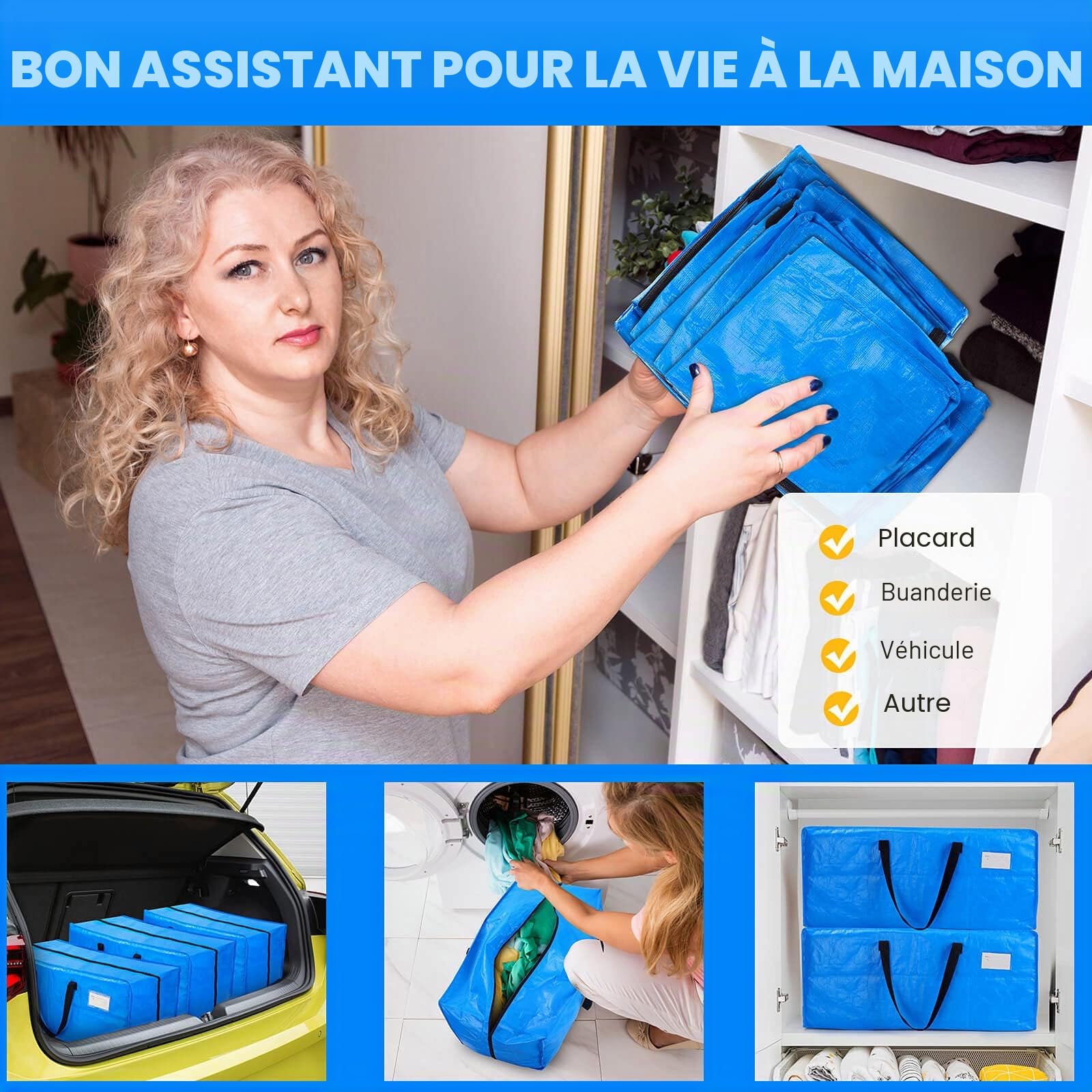AlexHome Lot de 5 sacs de déménagement très résistants en plastique réutilisables, compatibles avec chariot Ikea Frakta (bleu)