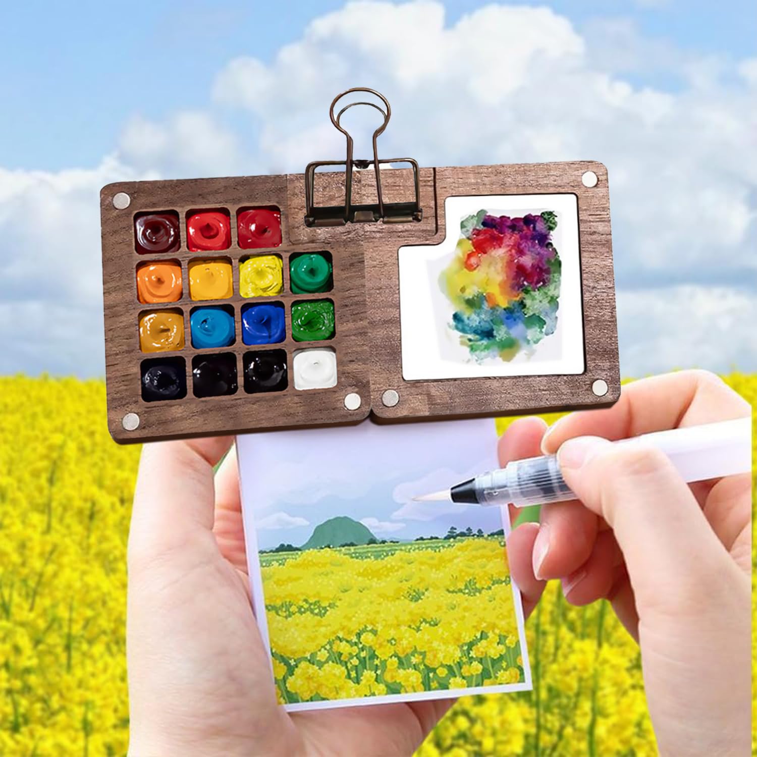 Mini-Reise-Aquarell-Set, Taschenkünstler, Aquarell-Reiseset, Gitterpalette, Skizzenbuch mit Binder-Clips, Kunstmalerei-Set für Maler, Künstler, Studenten