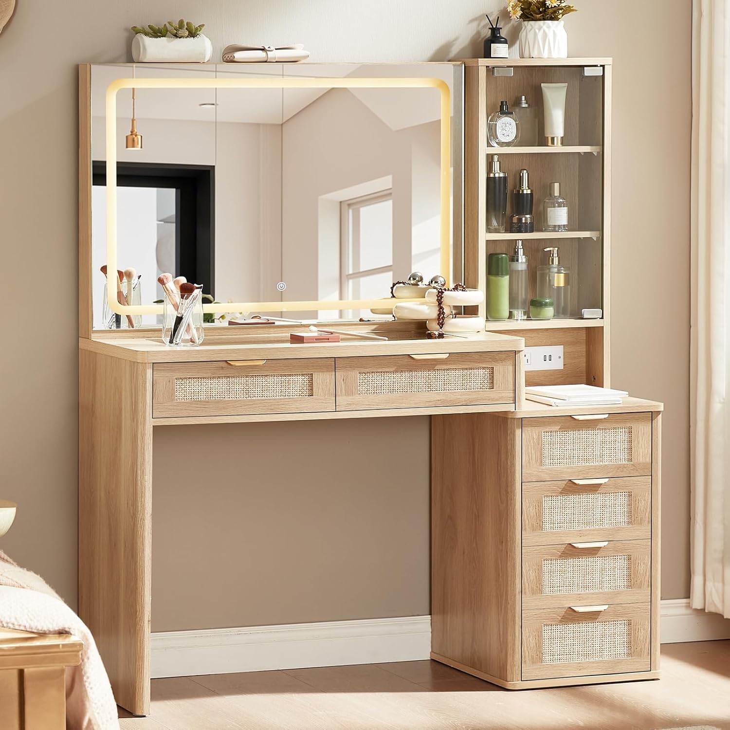 LEYAOYAO Fluted Makeup Vanity Desk with Mirror and Lights, 43.5'' Blue Vanity Table with Glass Top and Power Outlet, Make Up Vanity with 6 Drawers and Adjustable Shelves for Bedroom