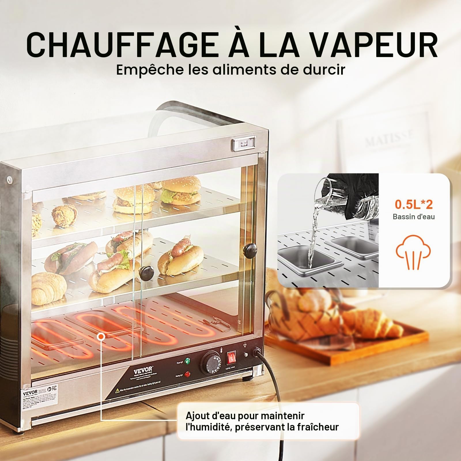 VEVOR Vitrine Chauffante Commerciale à 2 Niveaux, Présentoir à Chaud 850 W, avec Verre Trempé et Chauffage à la Vapeur, Contrôle de Température 30-85 ℃, Grande Capacité 111 L, pour Hamburger, Pizza