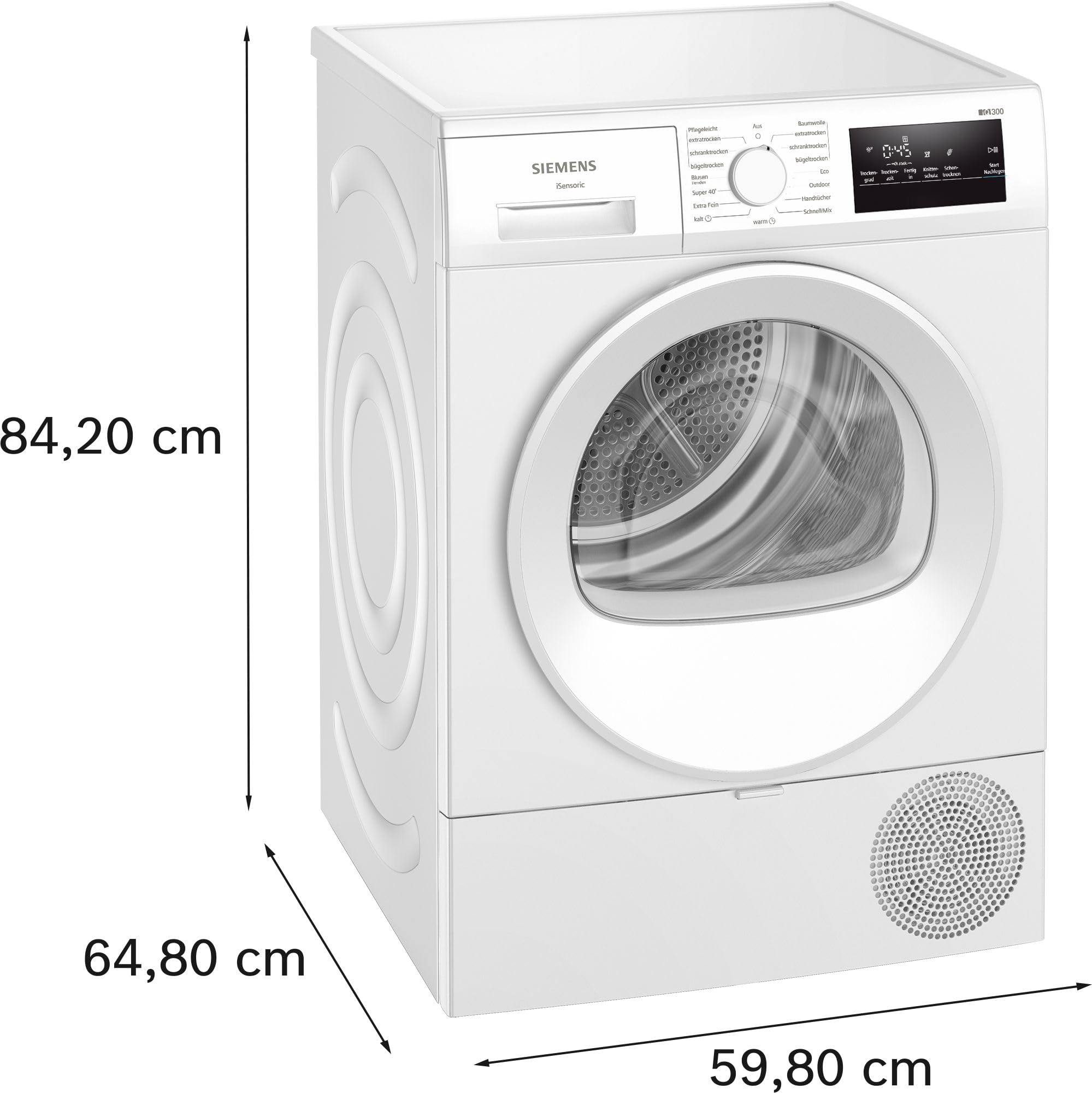 Siemens WT45HVA4, iQ300, Wärmepumpen-Trockner, 8 kg, autoDry, super40-Programm, 63 dB, Touch LED-Display, softDry, Outdoor-Programm, easyClean-Filter, Kindersicherung, Weiß