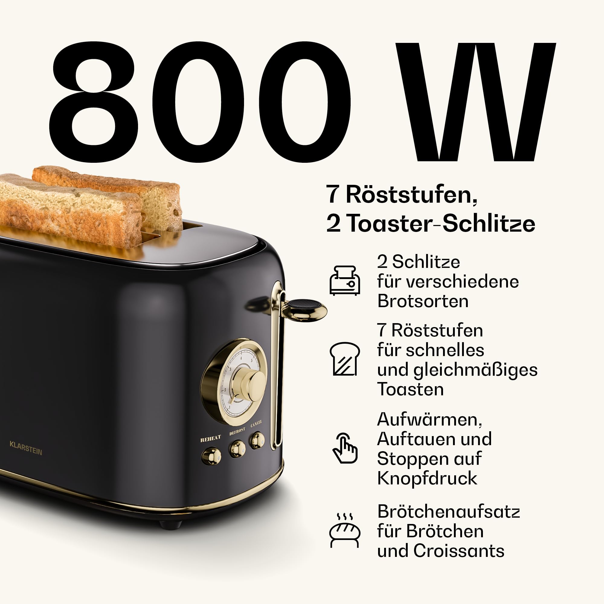 Klarstein Victoria Toaster Wasserkocher Set, Retro Design, 2 Scheiben Toaster, 1,7L Wasserkocher, Schwarz