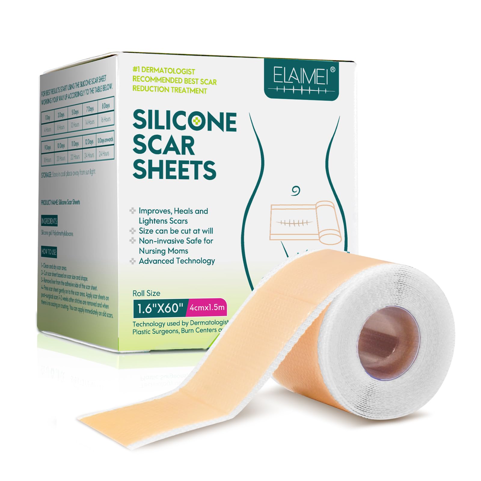 Silicone Scar Sheets(1.6” x 60”Inch- 1.5M), Scar Tape, Scar Strips, Medical Grade, Scar Remover, C-Section, Surgery, Keloid, Tummy Tuck, Scar Patch.
