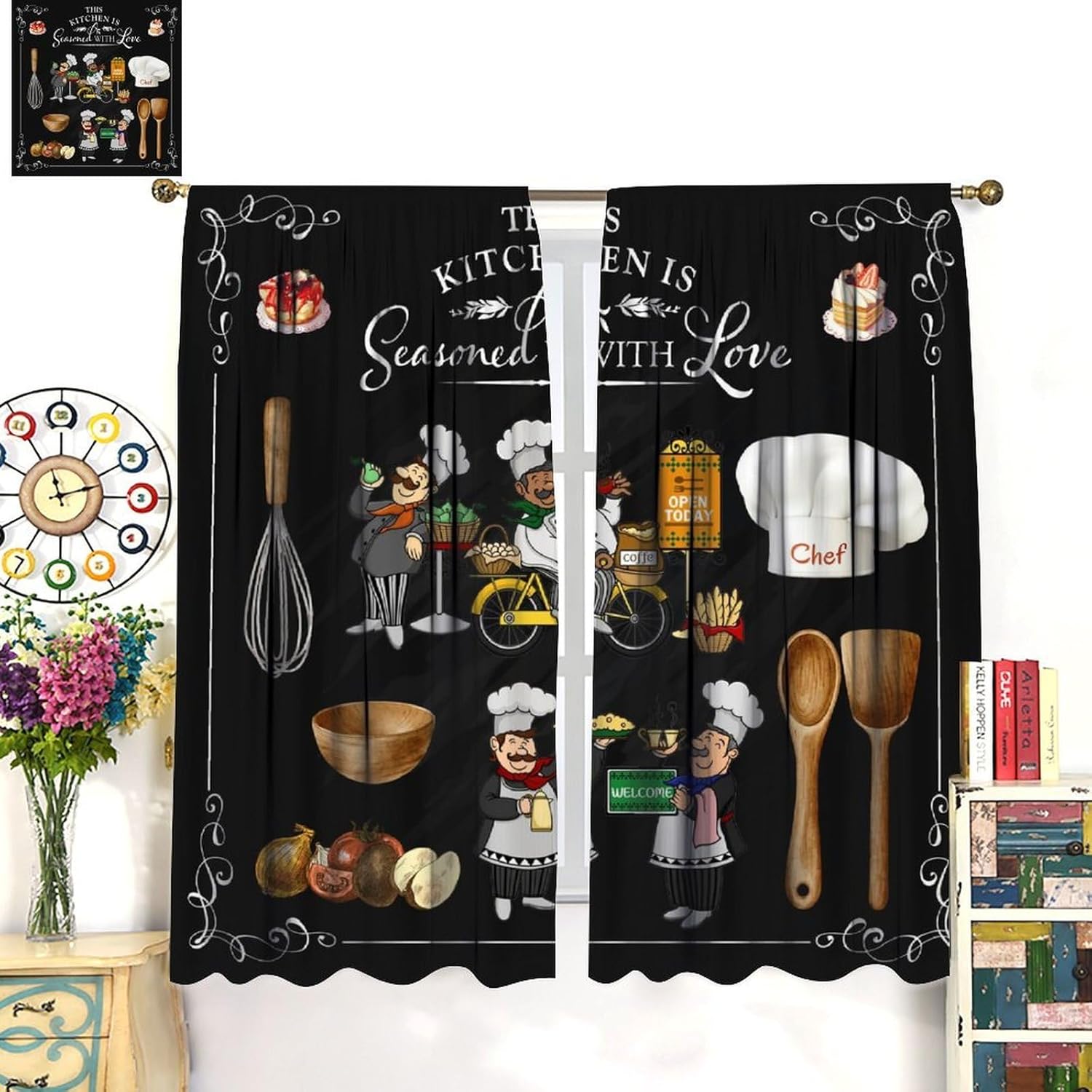 Chef Blackout Curtains Vegetables Desserts Cakes Spoons Kitchenware Restaurant Decor Rod Pocket Window Treatments for Bedroom Kitchen Living Dining Office Cafe 42" W X 54" L