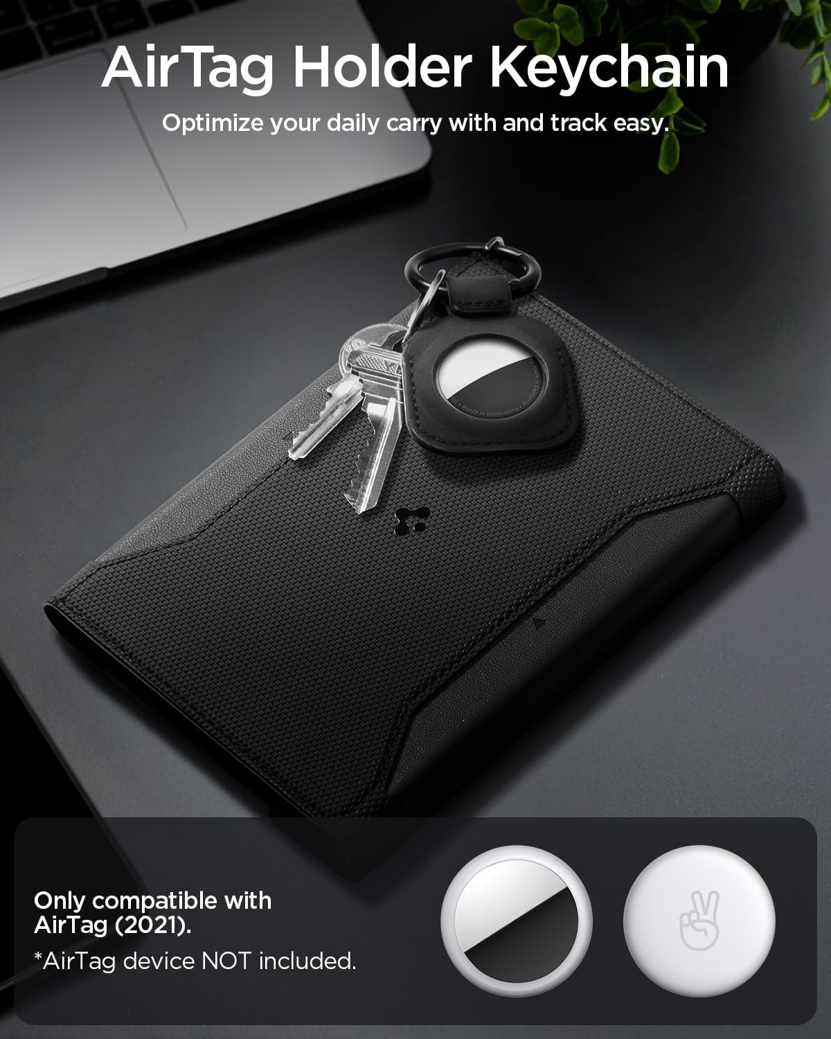 Spigen AT200 Designed for AirTag 2nd Gen (2026) & 1st Gen Keychain Case Cover Holder for Bags Keys Backpacks Luggage Pet Collars (Device Not Included) - Black