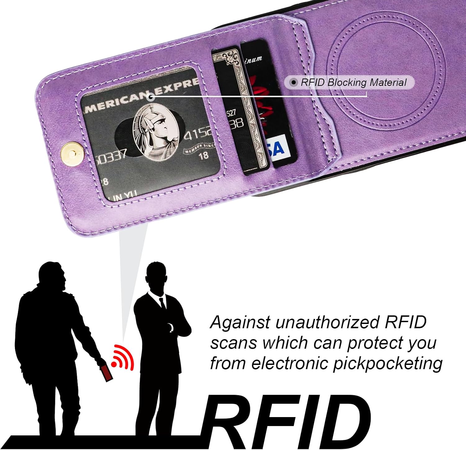 KIHUWEY for iPhone 13/14 Case Wallet Compatible with MagSafe Wireless Charging, Credit Card Holder, 360° Rotation Ring PU Leather Magnetic Clasp Kickstand Heavy Duty Cover for 6.1 Inch (Purple)