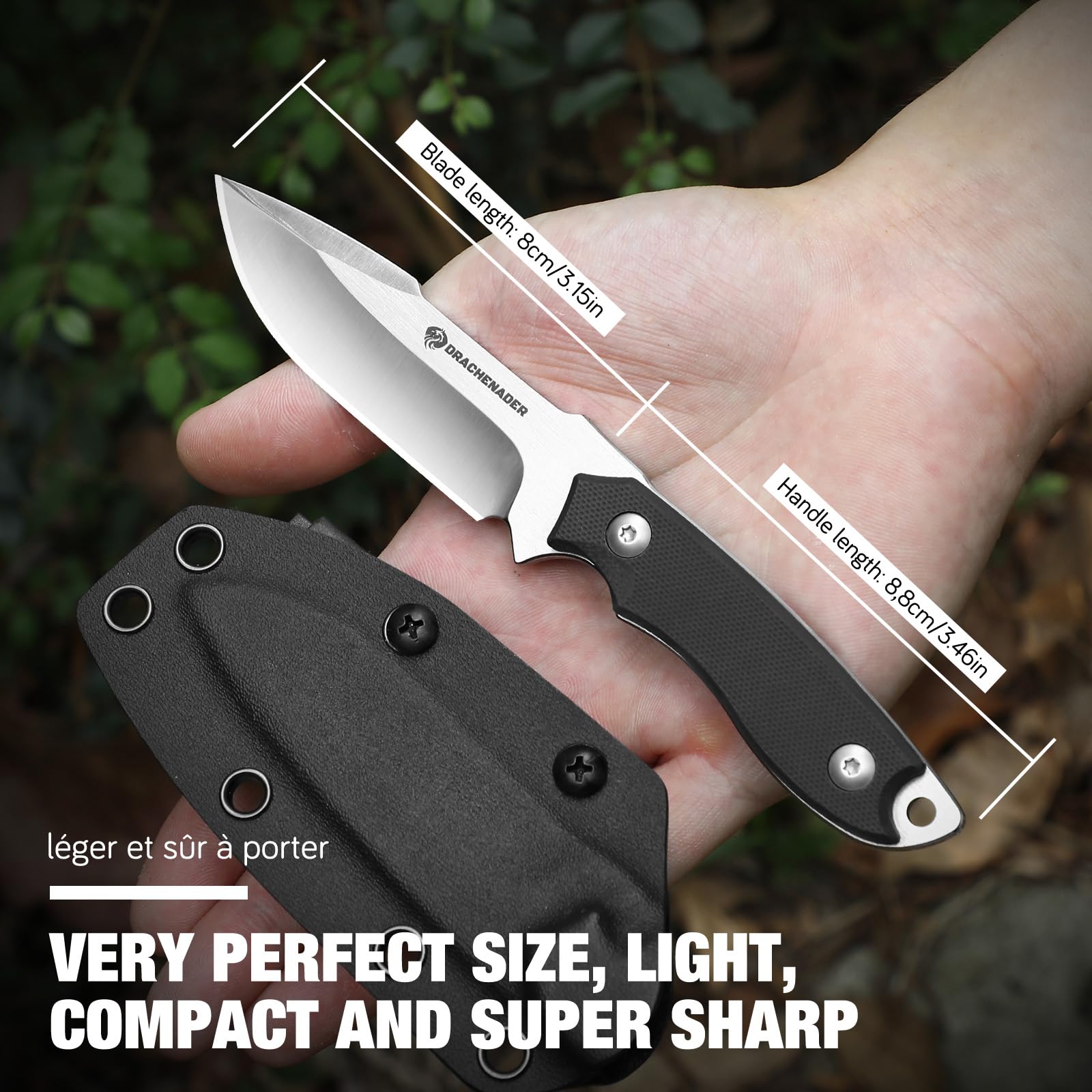 DRACHENADER Messer outdoor klein D2 Stahl Full tang Jagdmesser kleines feststehendes messer Gürtelmesser klein EDC, Zweihandmesser 9cm