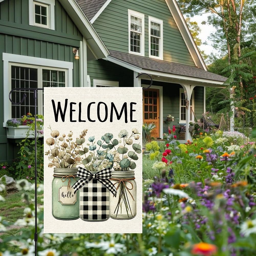 Welcome Spring Garden Flag 12x18 Inch Double Sided Burlap Buffalo Plaid Mason Jar Colorful Floral Small Flowers Butterfly Seasonal Yard Lawn Spring Garden Flags For Outside - Image 8