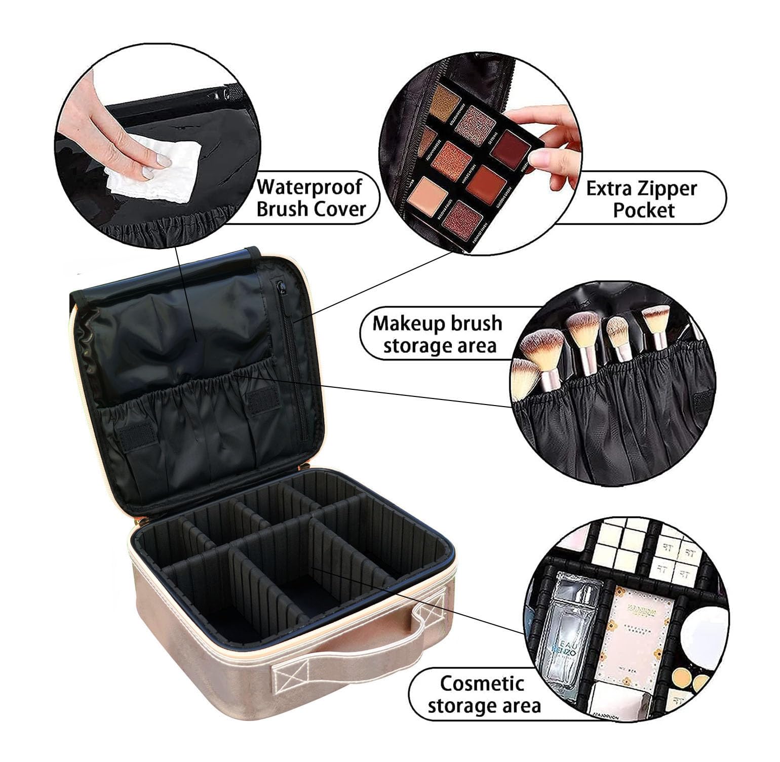 House of Quirk Makeup Cosmetic Storage Case with Adjustable Compartment (Shimmer Gold)