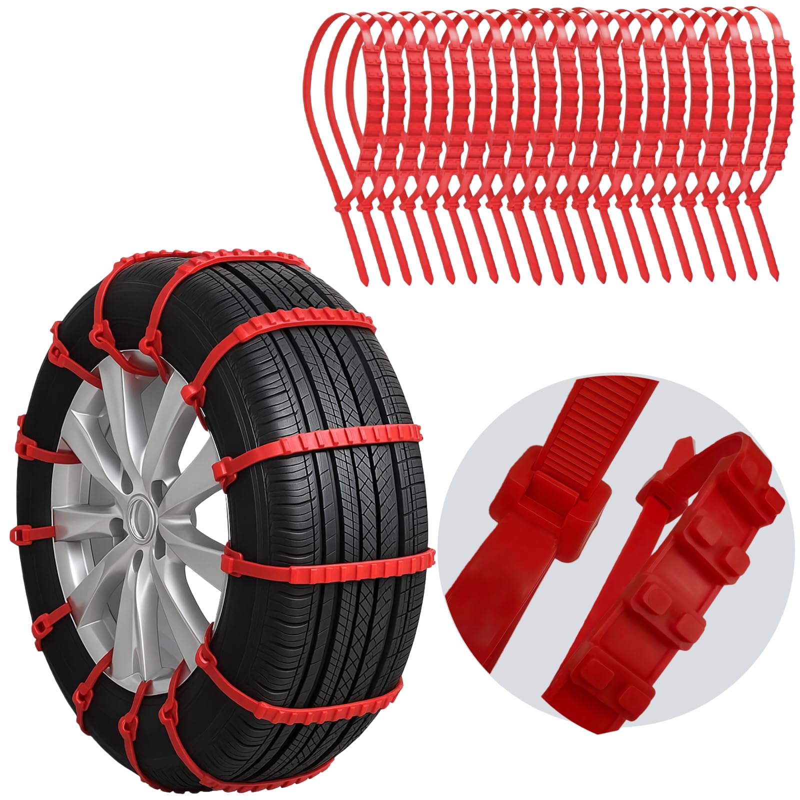 20-PCS Snow Tire Chains, Universal Emergency Tire Chains, Adjustable Plastic Anti-Skid Ties,Safety Chains for Most Cars Trucks and SUV, Reusable Portable Safety Anti-Slip Tire Chains (Red)