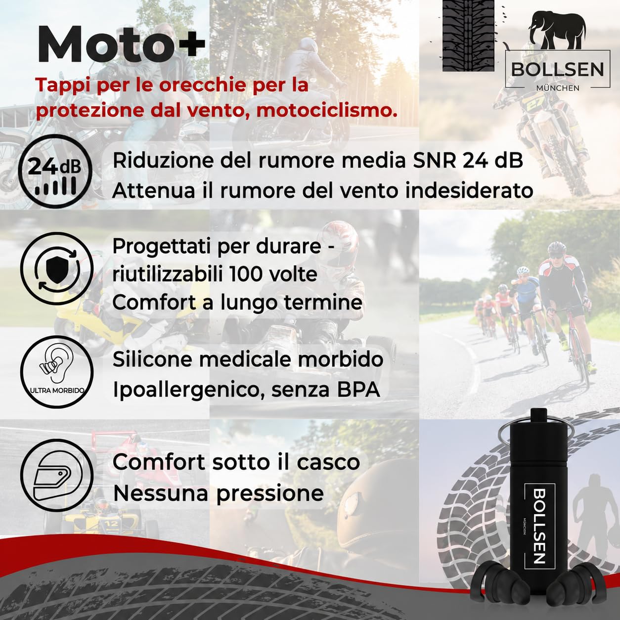 BOLLSEN Tappi Orecchie Moto, Riduzione Rumore Vento e Motore SNR 24 dB, Silicone Riutilizzabile, Comodi Sotto il Casco