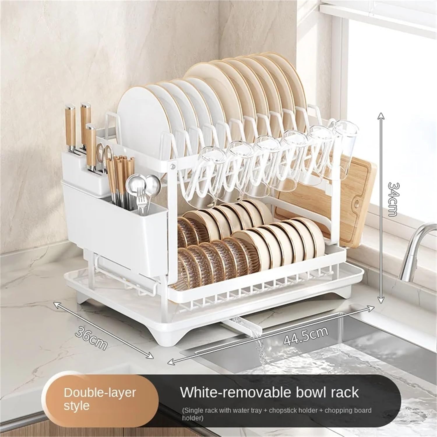 Stainless steel kitchen storage rack, bowl and plate storage box, draining rack, multifunctional home storage rack for bowls, pl(White Luxury Model)