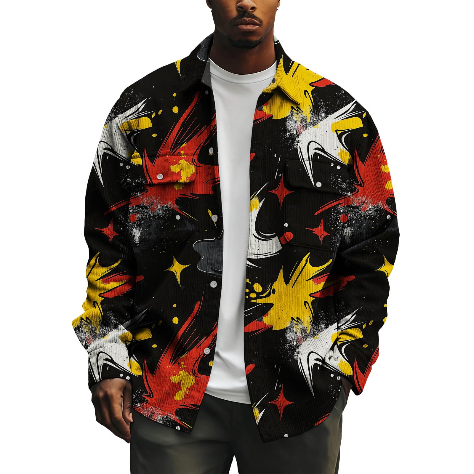 Zaswen Mens Fall Plus Size Casual Loose Fit Jackets Vintage Art Print Shirts Lapel Long Sleeve Button Down Coat with Pockets