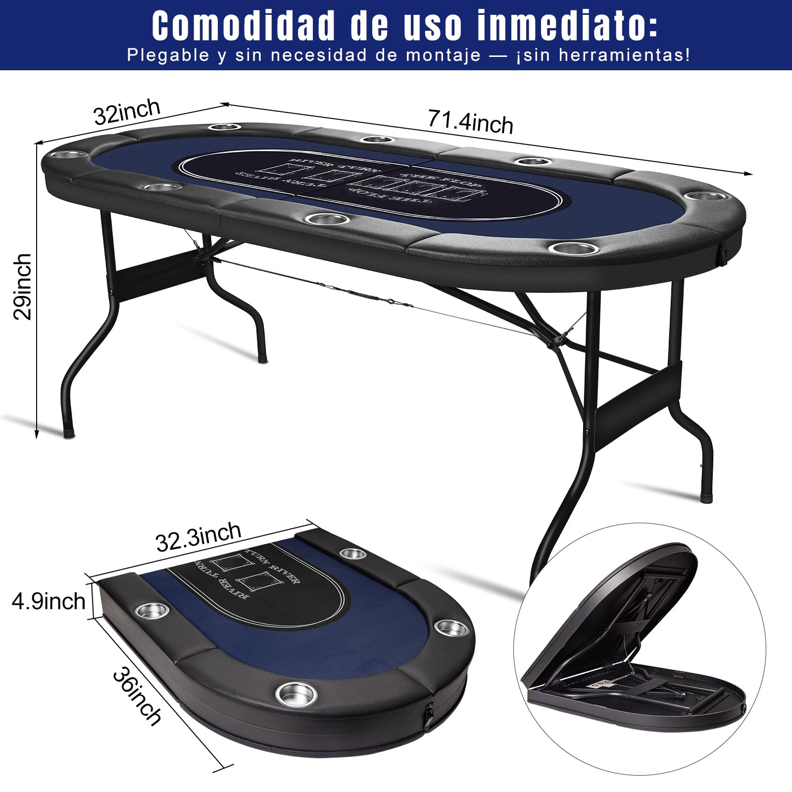 HLC Mesa de Póker Plegable de 6 Pies para 8 Jugadores Adultos, Ideal para Texas Hold'em y Blackjack, con Barandillas Acolchadas y Portavasos Profundos, Diseño Portátil Reuniones Familiares