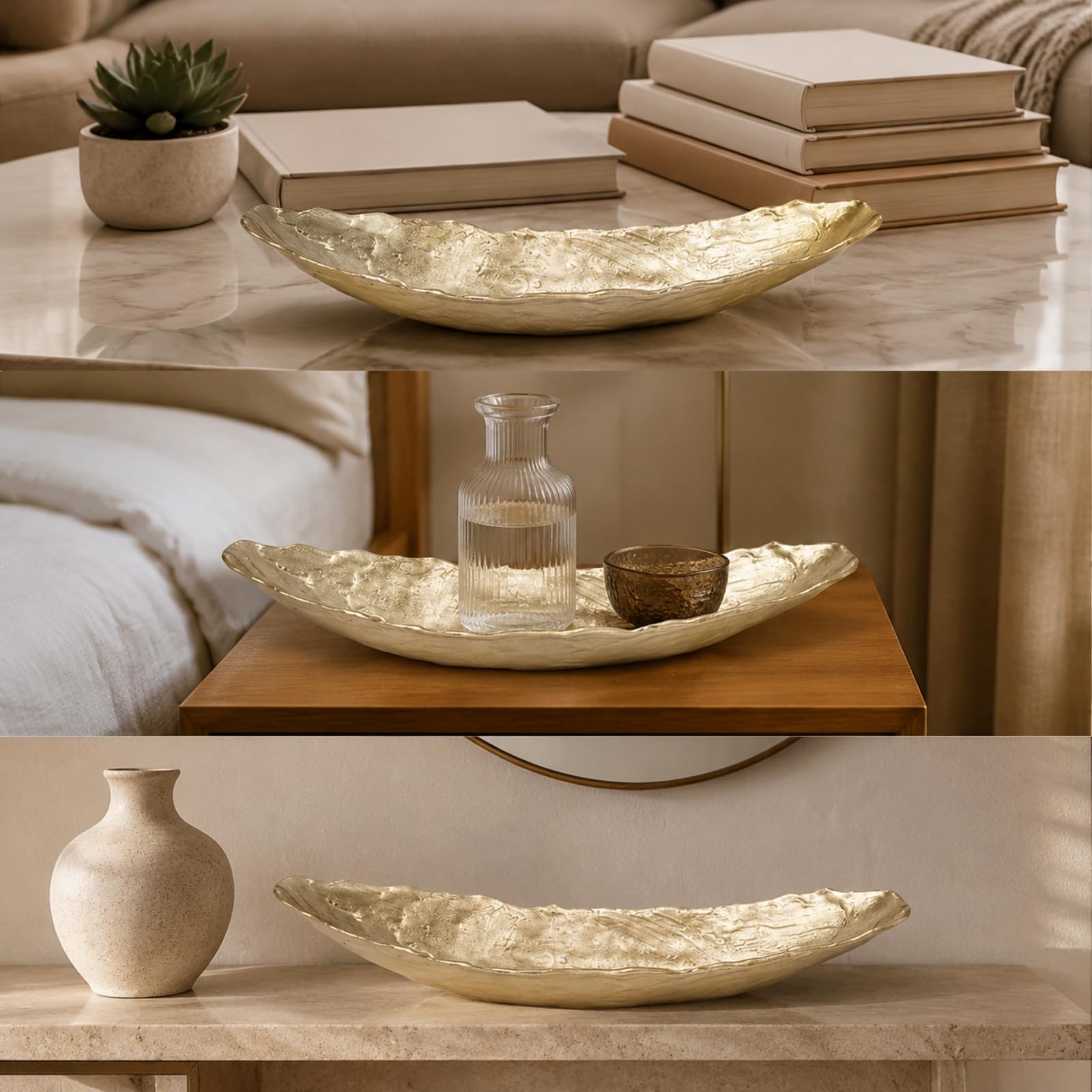 Colcolo Banja Rectangular Aluminio Abierta Elegante, Banja con perficie Martillada, Centro Mesa corativo, para Consola, 59x17.5x12cm